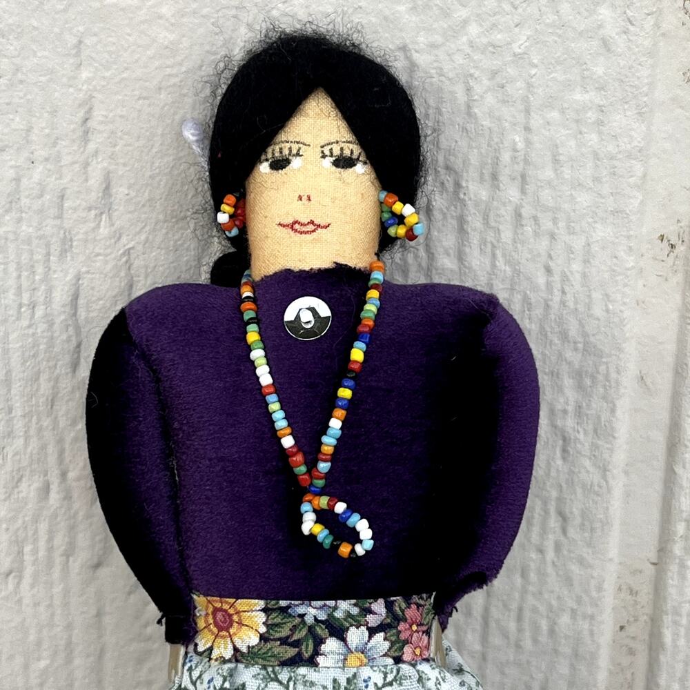 Handmade Native America Navajo Cloth Doll American Folk Art Bead Jewelry 9.5"